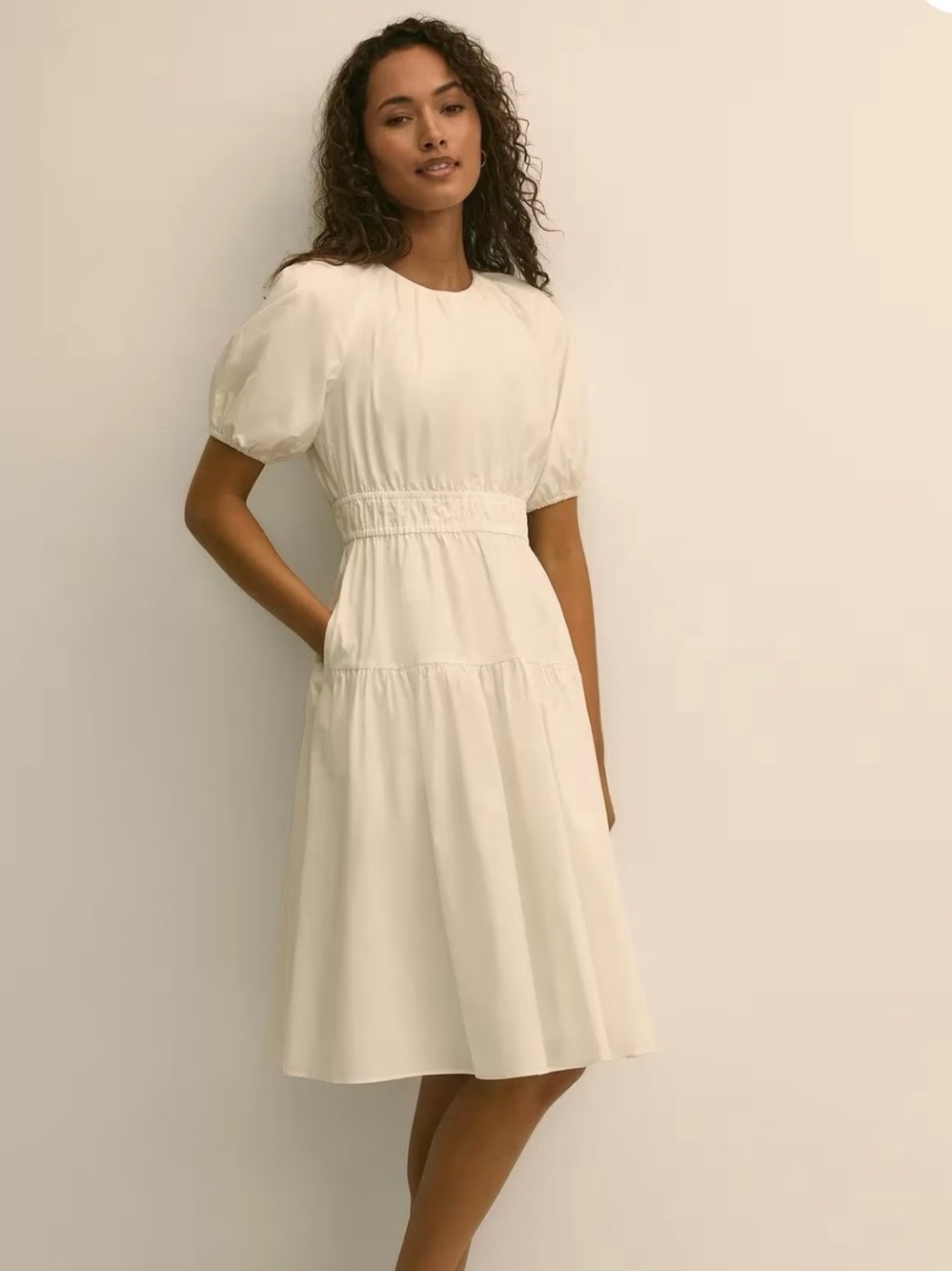 NWOT Brooks Brothers Cream Puff-Sleeve Midi Dress